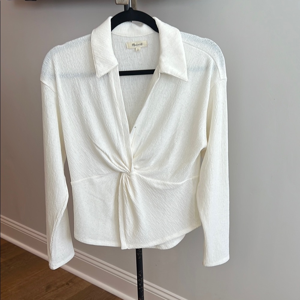 Madewell Cream Blouse with Collar and Tie Front